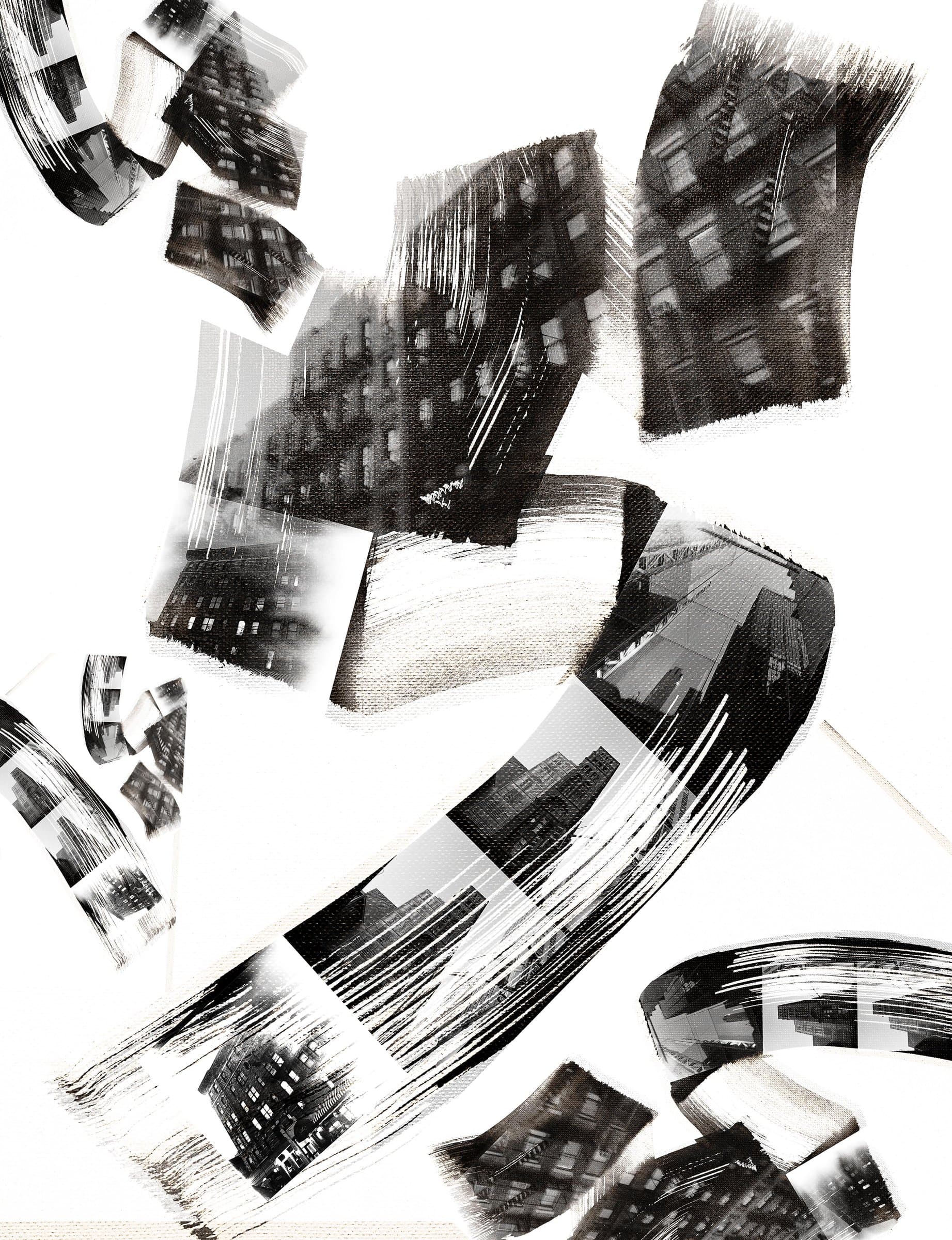 Black and white building fragments layered over sweeping brush marks
