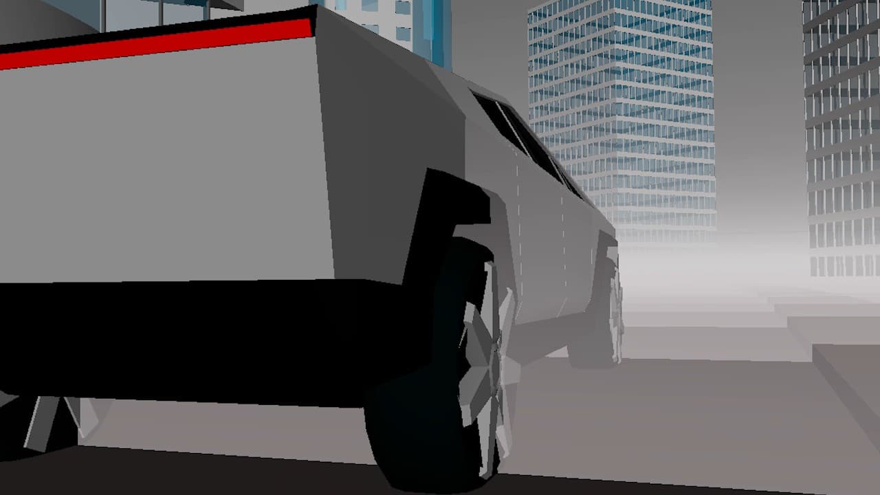 Angular gray vehicle with red taillight among towers in fog
